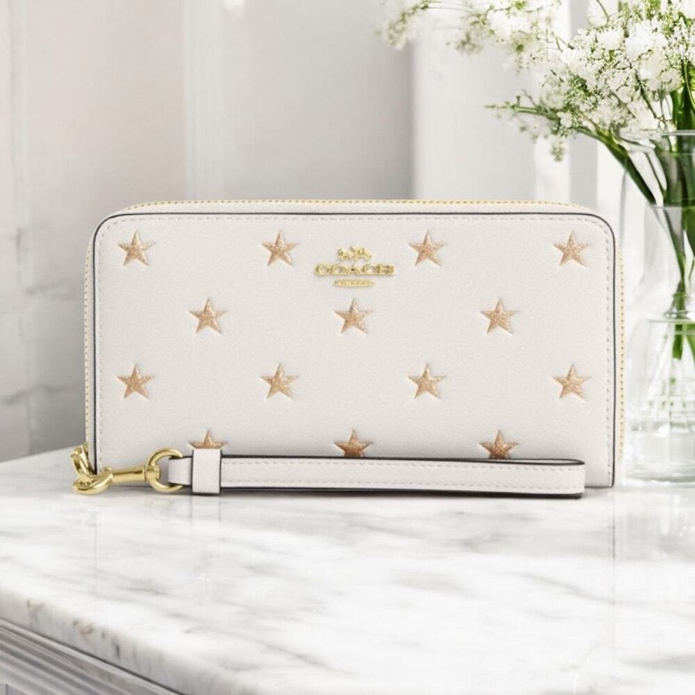 Long Zip Around White Leather Wallet With Gold Star Print CW479